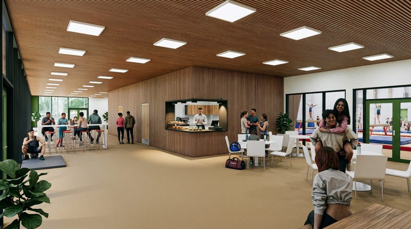 Illustrasjon av foajé og kafé med sosiale møteplasser