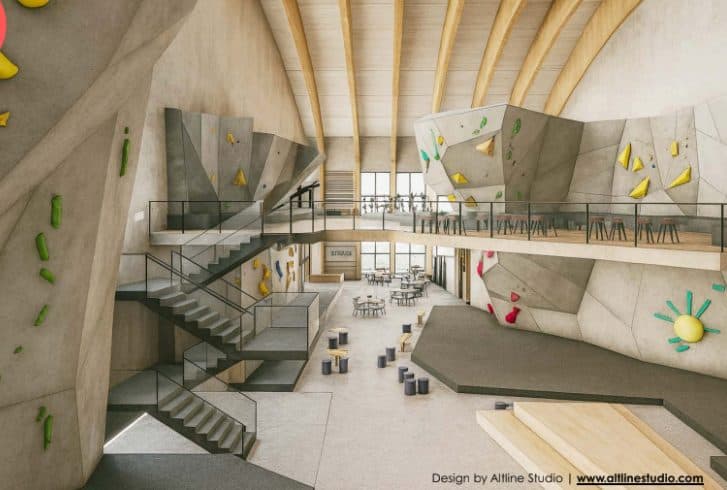 Illustrasjon av klatre- og buldrehallen