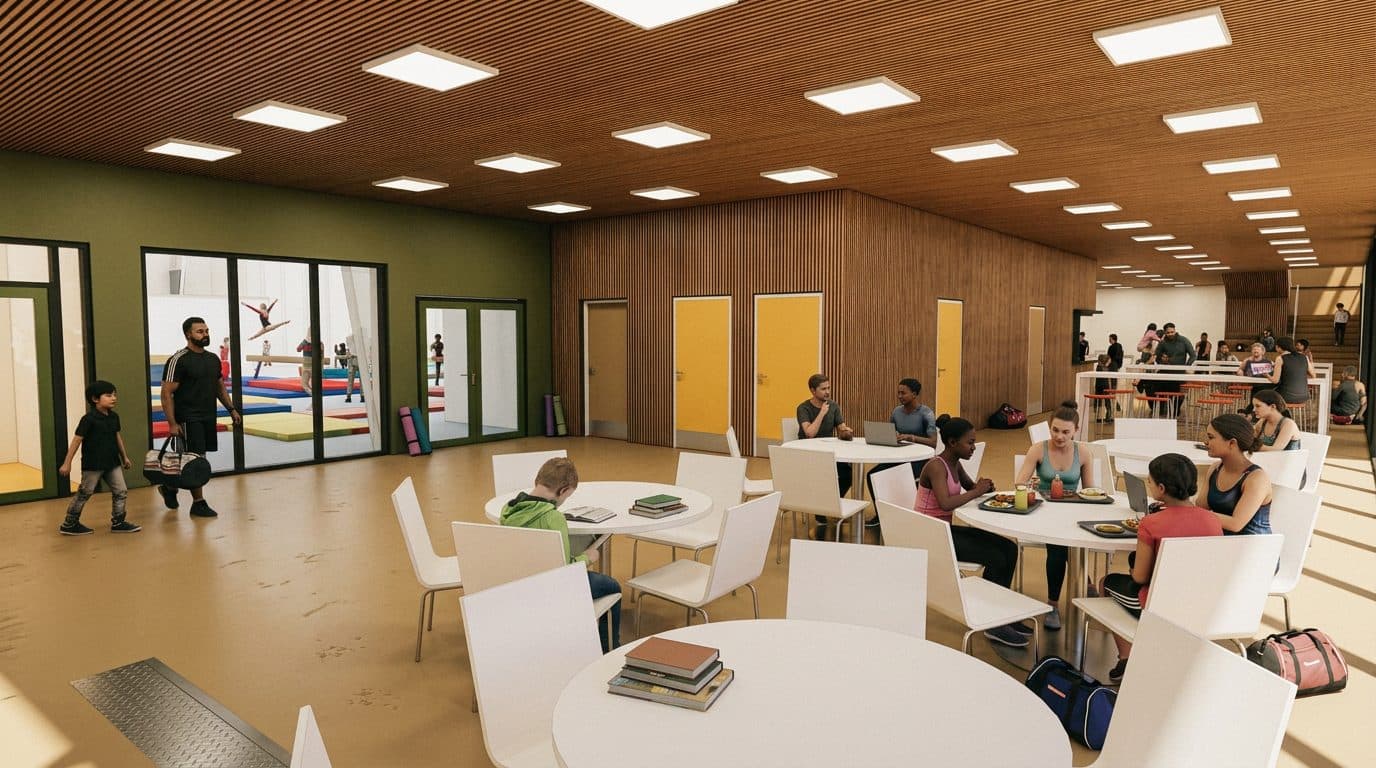 Prosjektillustrasjon av vestibylen med sittegrupper